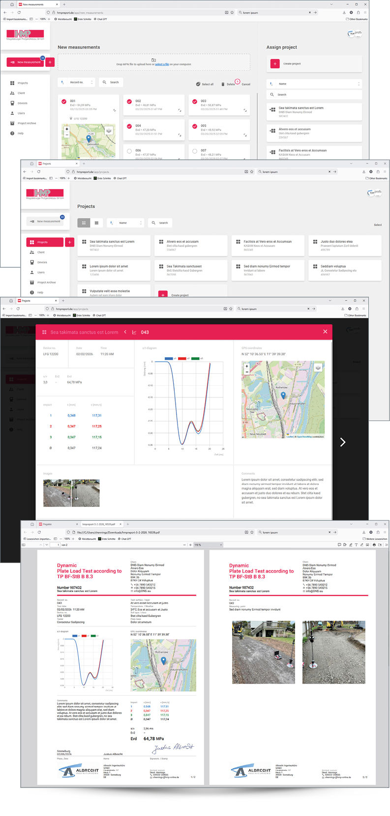 Screenshots – Importing measurement data, creating projects, generating reports for Dynamic plate load tests Screenshots – Importing measurement data, creating projects, generating reports for Dynamic plate load tests
