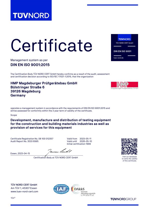 HMP QM, TÜV Certificado DIN EN ISO 9001:2015 Fecha de Caducidad 06-2026