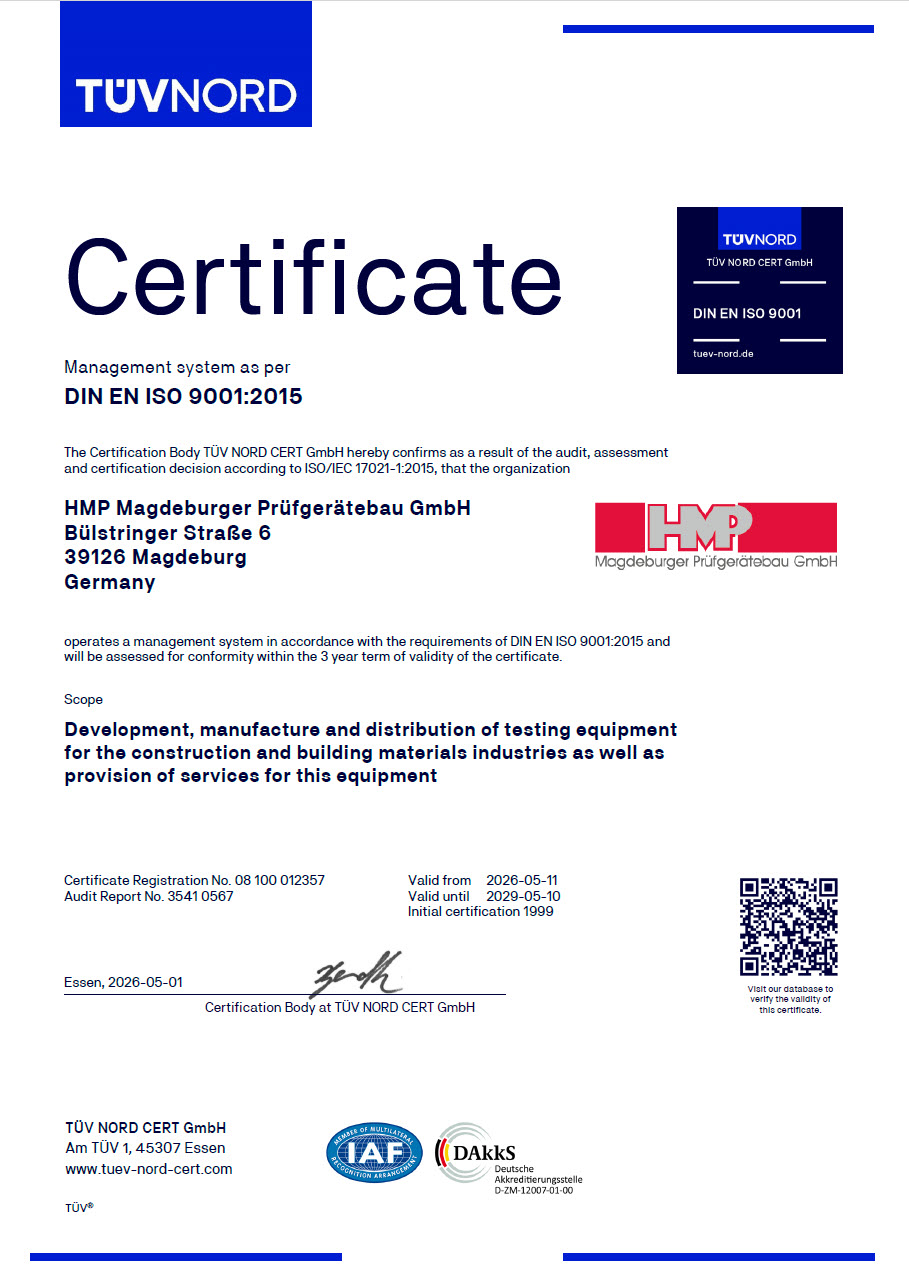 HMP QM, TÜV Certificado DIN EN ISO 9001:2015 Fecha de Caducidad 06-2026 HMP QM, TÜV Certificado DIN EN ISO 9001:2015 Fecha de Caducidad 06-2026