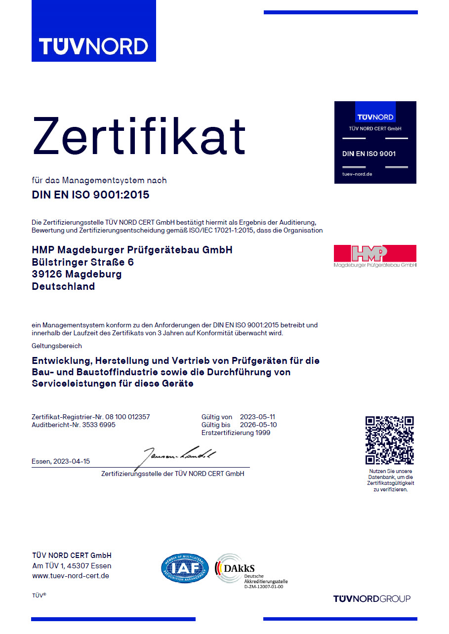 TÜV Zertifikat DIN EN ISO 9001 2015 HMP Magdeburger Prüfgerätebau GmbH 2023-2026 TÜV Zertifikat DIN EN ISO 9001 2015 HMP Magdeburger Prüfgerätebau GmbH 2023-2026